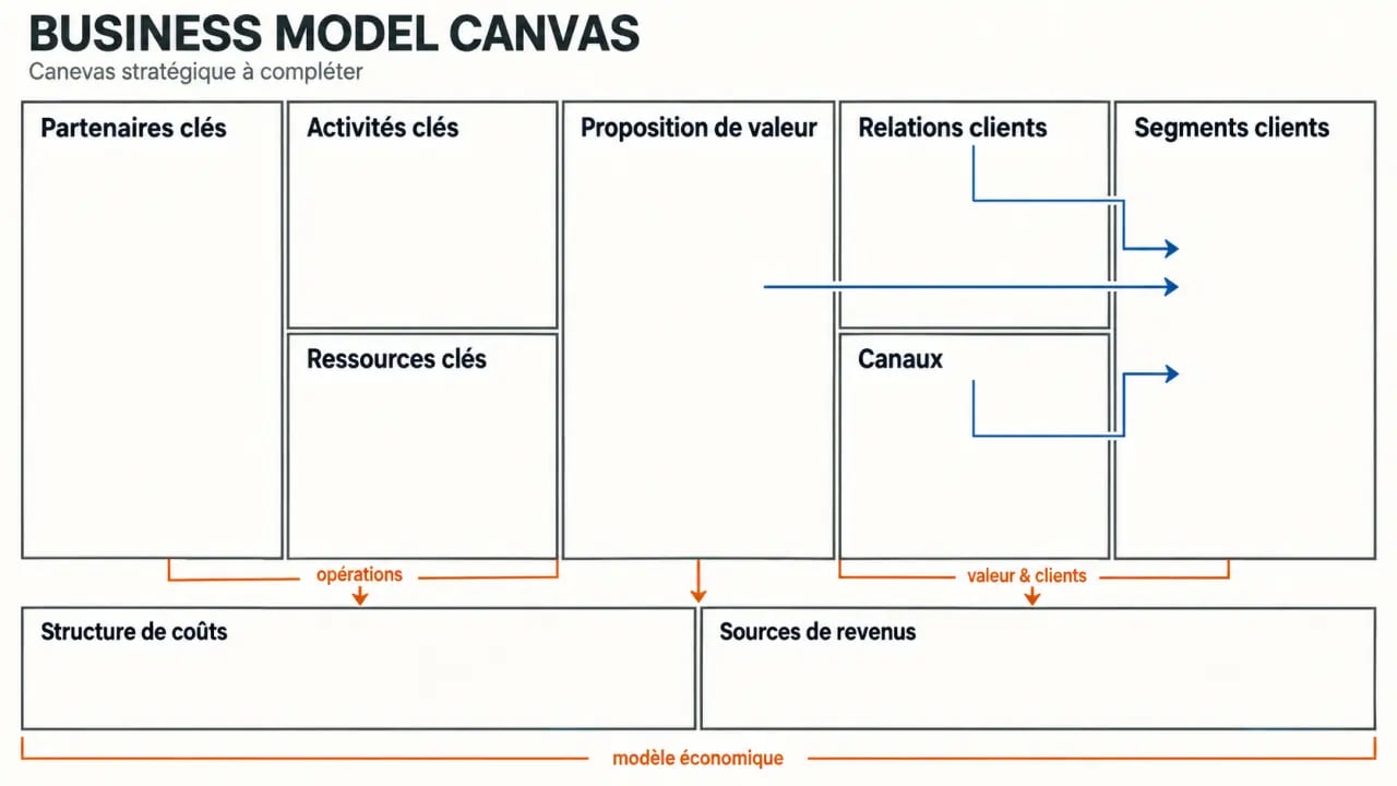 Business model canvas à remplir avec les 9 blocs et leurs relations