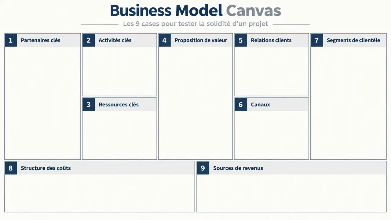 Business Model Canvas à remplir : les 9 cases pour tester la solidité d’un projet
