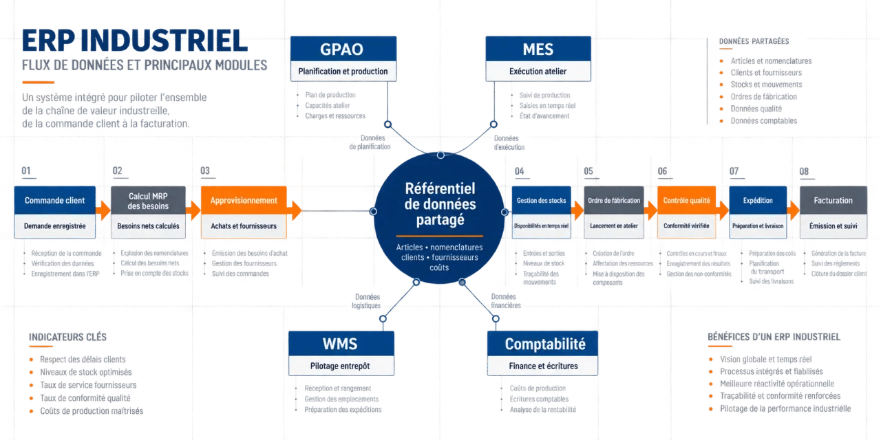 Schéma du flux d’un ERP industriel de la commande à la facturation avec GPAO et MRP