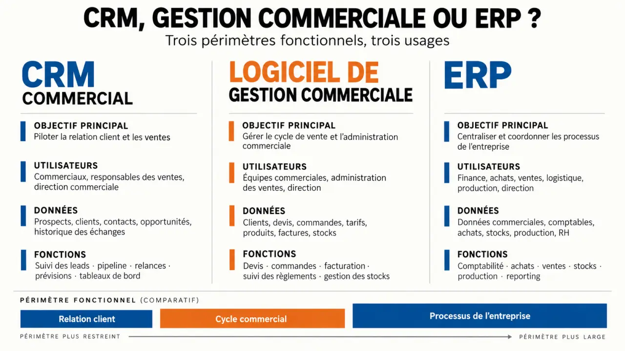 CRM gestion commerciale : comparaison visuelle entre CRM commercial, gestion commerciale et ERP