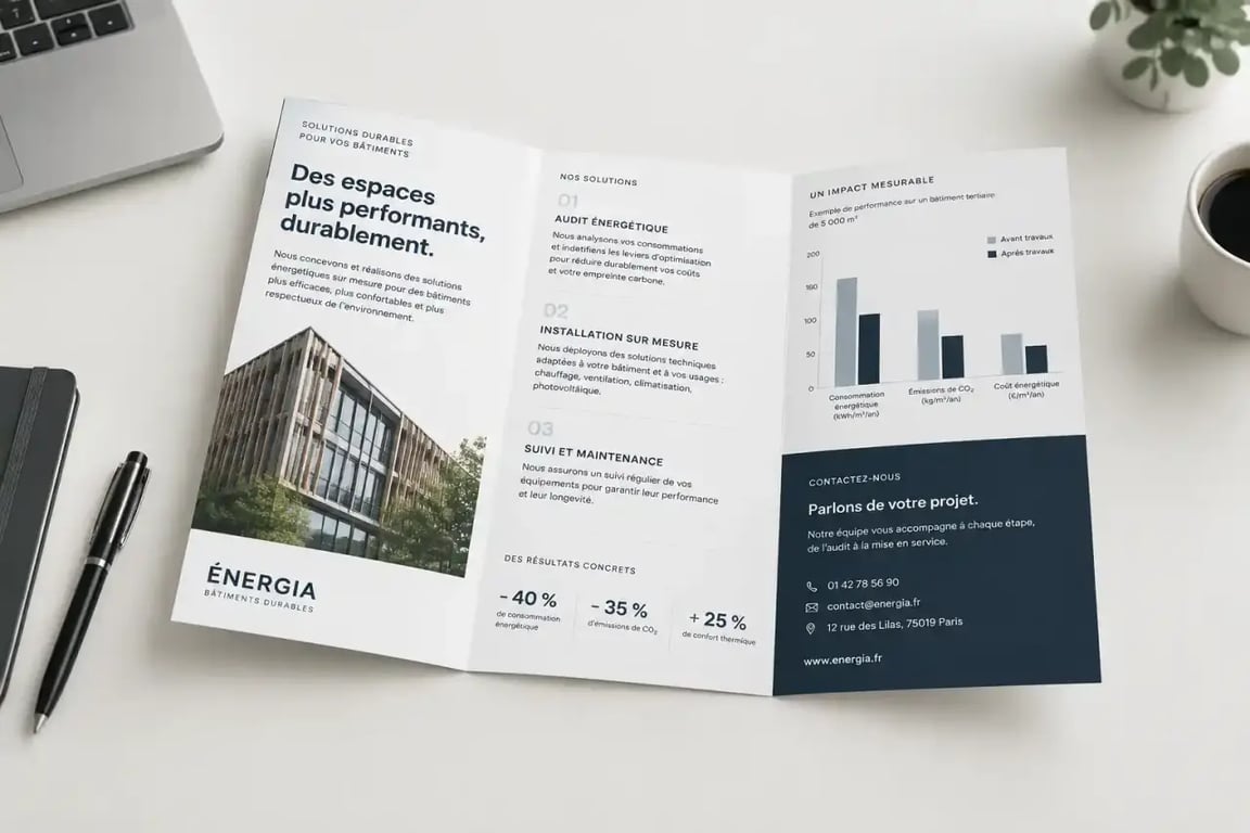 Exemple de plaquette commerciale dépliée illustrant une mise en page professionnelle