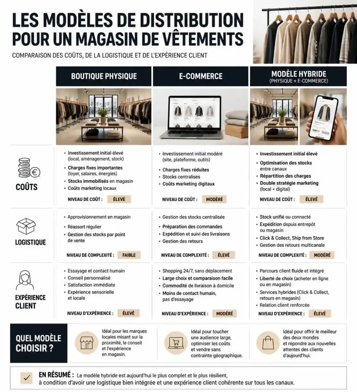 Infographie comparative des modèles pour ouvrir un magasin de vêtements : physique, en ligne et hybride