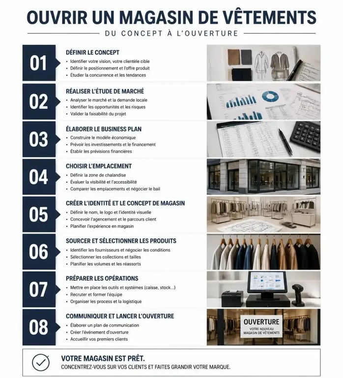 Schéma des étapes clés pour ouvrir un magasin de vêtements avec succès
