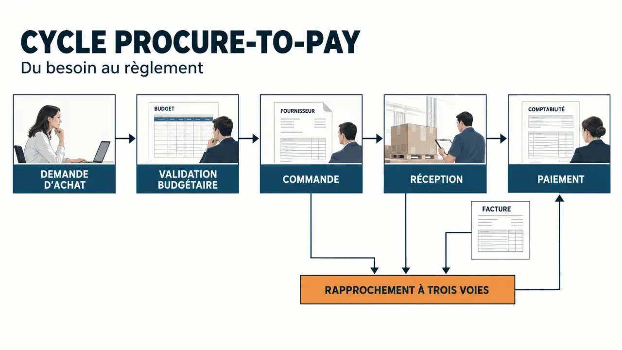 Logiciel de gestion achat : schéma du cycle procure-to-pay et du rapprochement commande réception facture