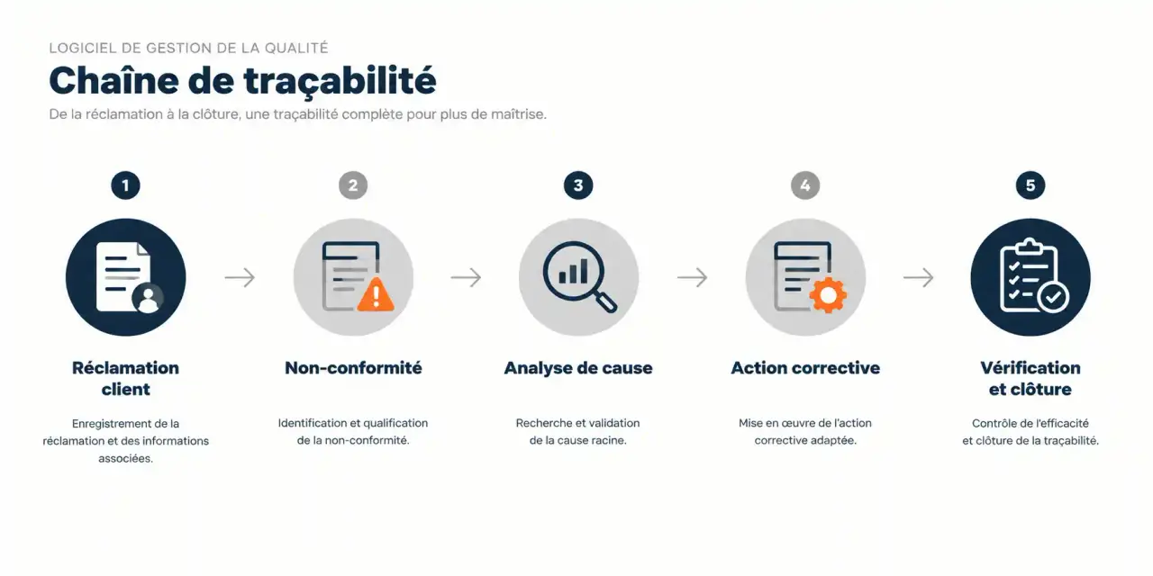Schéma de la chaîne de traçabilité d'un logiciel de gestion de la qualité, de la réclamation client à la clôture de l'action corrective