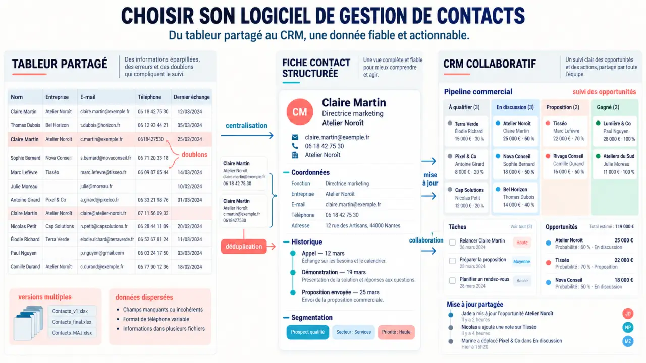Infographie sur le logiciel de gestion de contact et la différence avec un CRM