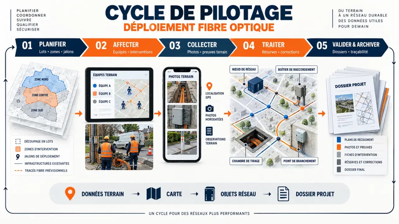 Infographie d’un logiciel de gestion de projet fibre optique reliant planification, données terrain, réserves et validation