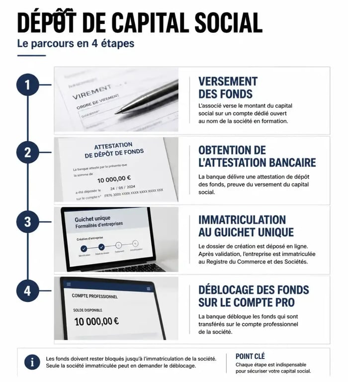 Infographie du parcours de dépôt de capital social et immatriculation d'entreprise
